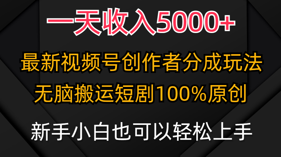 （9599期）一天收益5000 ，微信视频号原创者分为方案，全新100%原创设计游戏玩法，新手还可以轻…-韬哥副业项目资源网