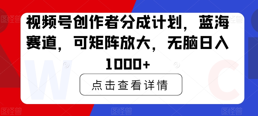 视频号创作者分成计划，蓝海赛道，可矩阵放大，无脑日入1000+-韬哥副业项目资源网