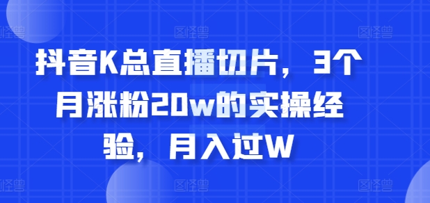 抖音视频K总直播切片，3个月增粉20w的实战经验，月入了W-韬哥副业项目资源网