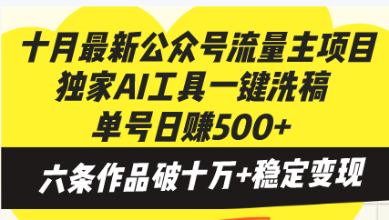 （13156期）十月最新公众号流量主项目，独家AI工具一键洗稿单号日赚500+，六条作品…-韬哥副业项目资源网