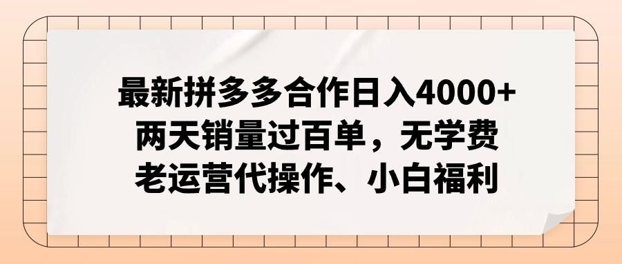 （12869期）拼多多最新协作日入4000 二天销售量过百单，无培训费、老经营代实际操作、新手褔利-韬哥副业项目资源网