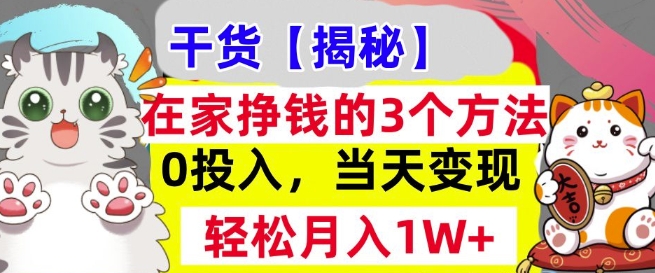 在家挣钱的3个方法，0投入，当天变现，轻松月入过W-韬哥副业项目资源网