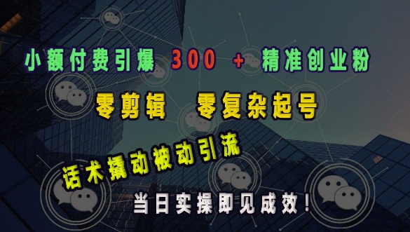 小额付费引爆 300 + 精准创业粉，零剪辑、零复杂起号，话术撬动被动引流，当日实操即见成效-韬哥副业项目资源网