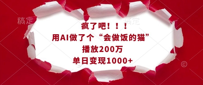 疯了吧！用AI做了个“会做饭的猫”，播放200万，单日变现1k-韬哥副业项目资源网