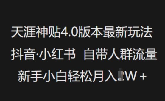 天涯神贴4.0版本号全新游戏玩法,抖音视频·小红书的内置群体总流量,新手入门轻轻松松月入了W-韬哥副业项目资源网