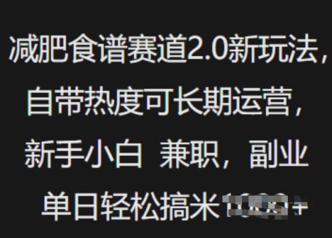 减肥食谱赛道2.0新玩法,自带热度可长期运营,新手小白,兼职副业单日轻松多张-韬哥副业项目资源网