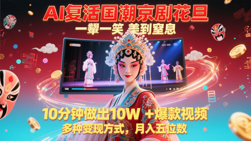 AI复生国潮品牌京剧花旦，一颦一笑美到窒息，10min作出10W 爆款短视频，多种多样变现模式-韬哥副业项目资源网