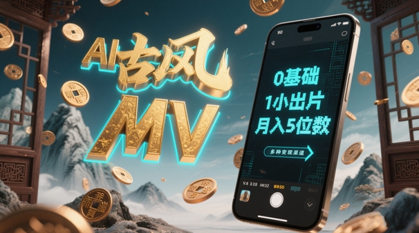 AI一键生成古风音乐MV,0剪辑基础1小时出片,多种变现渠道,一部手机月入5位数