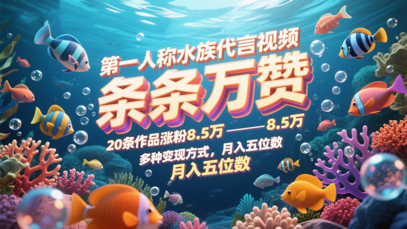 第一人称水族用品品牌代言短视频,一条条万赞,20条著作增粉8.5万,多种多样变现模式月,入五位数-韬哥副业项目资源网