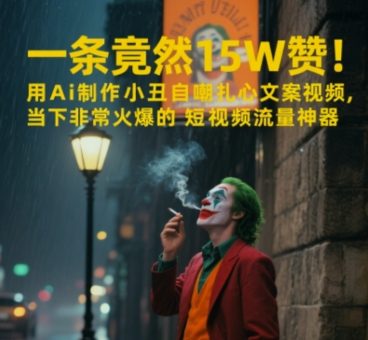一条视频居然15W赞!用AI制做小丑男自我调侃扎心文案短视频,时下非常火爆的自媒体流量软件-韬哥副业项目资源网