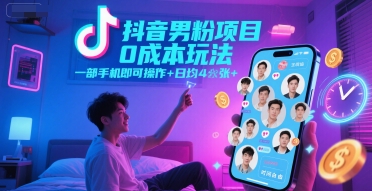 抖音男粉项目0成本玩法,一部手机即可操作,日均4张+,时间自由-韬哥副业项目资源网