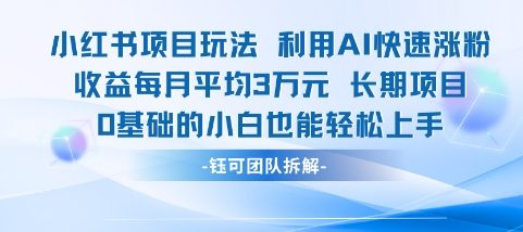 适合小白操作的小红书新项目，利用AI快速涨粉，收益每月平均1W+-韬哥副业项目资源网