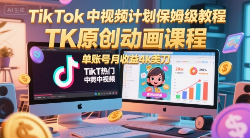 TikTok中视频计划保姆级教程，TK原创动画课程，单账号月收益4k美刀-韬哥副业项目资源网