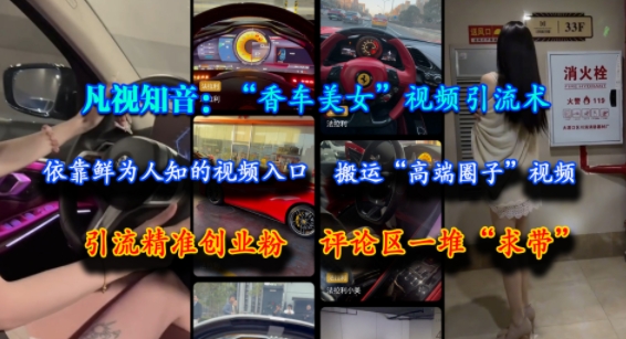 凡视知音：“香车美女”视频引流术，依靠鲜为人知的视频入口，搬运“高端圈子”视频，引流精准创业粉，评论区一堆“求带”-韬哥副业项目资源网