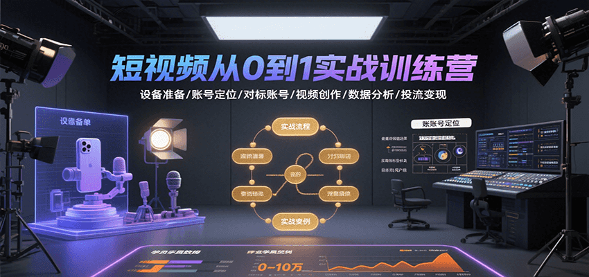 短视频从0到1实战训练营：设备准备/账号定位/对标账号/视频创作/数据分析/投流变现-韬哥副业项目资源网