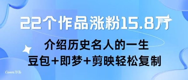 22个作品涨粉15.8W ，介绍历史名人的一生 ， 豆包+即梦+剪映轻松复制-韬哥副业项目资源网