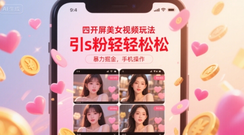 四开屏美女视频玩法,引s粉轻轻松松,暴力掘金,手机操作【揭秘】-韬哥副业项目资源网