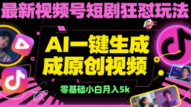 最新视频号短剧狂怼玩法，AI一键生成原创视频， 零基础小白月入5k-韬哥副业项目资源网