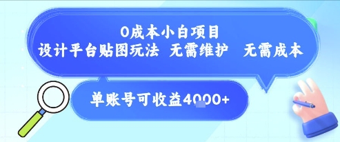 0成本小白项目，设计平台贴图玩法，无需维护，无需成本，单账号单月可产生收益4k+-韬哥副业项目资源网