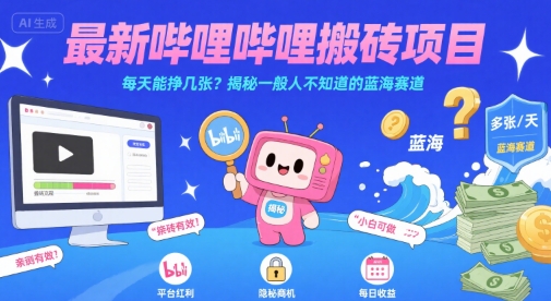 最新哔哩哔哩上B站搬砖项目，每天能挣几张？揭秘一般人不知道的蓝海赛道-韬哥副业项目资源网