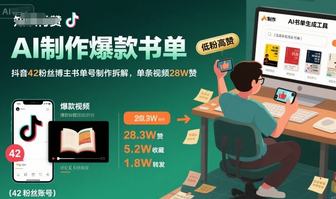 AI制作爆款书单，抖音42粉丝博主书单号制作拆解，单条视频28W赞-韬哥副业项目资源网