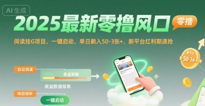 2025最新零撸风口,阅读挂G项目,一键启动,单日躺入 50-3张+,新平台红利期速抢【揭秘】-韬哥副业项目资源网