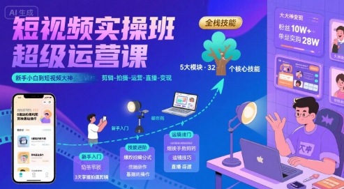 短视频实操班超级运营课，新手小白到短视频大神必修课程，剪辑-拍摄-运营-直播-变现-韬哥副业项目资源网