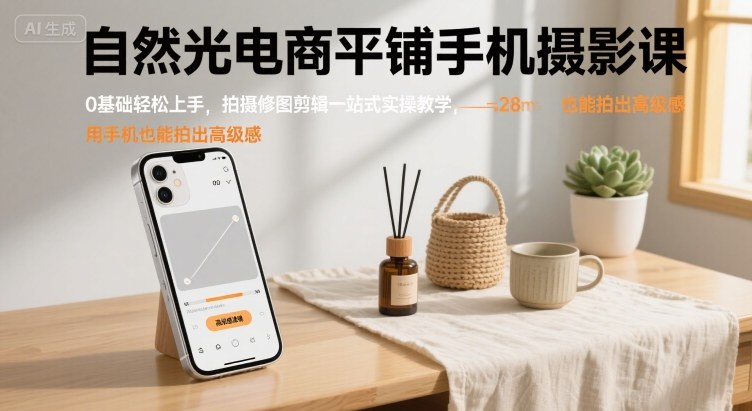 自然光电商平铺手机摄影课，0基础轻松上手，拍摄修图剪辑一站式实操教学，用手机也能拍出高级感-韬哥副业项目资源网