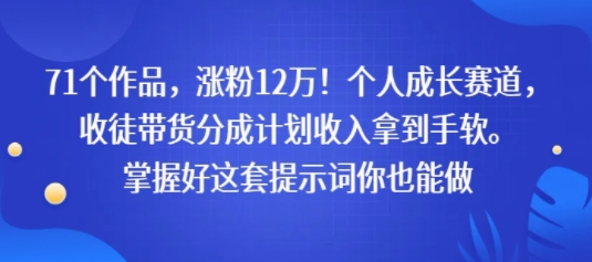 71个作品，涨粉12W！个人成长赛道，收徒带货分成计划收入拿到手软，掌握好这套提示词你也能做-韬哥副业项目资源网
