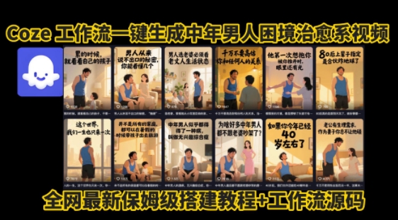 coze工作流一键生成”中年男人困境扎心高涨粉高播放量图文视频”保姆级拆解教程，无需剪辑，无需拍摄写文案-韬哥副业项目资源网