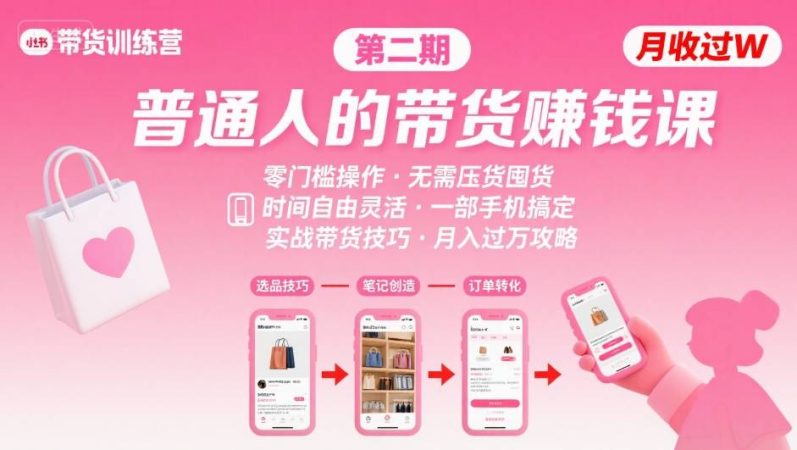 小红书带货第二期训练营,普通人月收过W的带货课,时间自由,零门槛无压货,一部手机即可操作-韬哥副业项目资源网