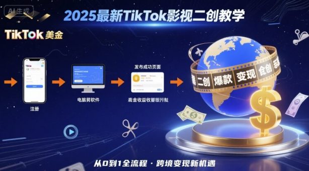 2025年最新TikTok影视二创教学,从注册到发布撸美金全流程,跨境变现新机遇-韬哥副业项目资源网