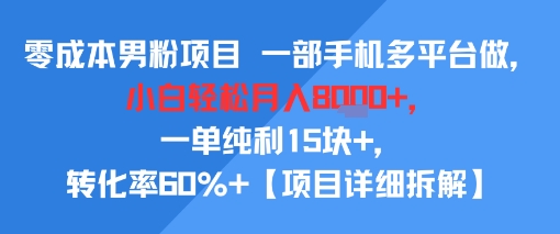 零成本男粉项目 一部手机多平台做，小白轻松月入8k+，一单纯利15块+，转化率60%+【项目拆解】-韬哥副业项目资源网