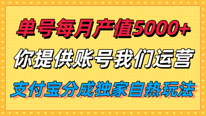 单月产值5000+,支付宝分成代运营,你提供账号坐等分钱,我们帮你运营-韬哥副业项目资源网