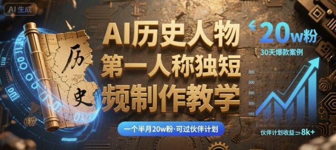最新AI历史人物第一人称独白短视频制作教学，一个半月20w粉，可过伙伴计划-韬哥副业项目资源网