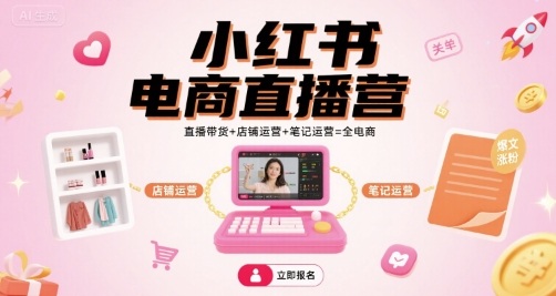 小红书电商直播营，直播带货+店铺运营+笔记运营=全电商-韬哥副业项目资源网