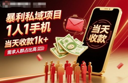 暴利私域项目1人1手机，当天收款1k+，需求人群占比高，当天就能见到钱-韬哥副业项目资源网