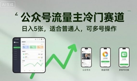 公众号流量主冷门赛道，日入5张，适合普通人，可多号操作-韬哥副业项目资源网