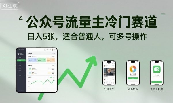 公众号流量主冷门赛道，日入5张，适合普通人，可多号操作-韬哥副业项目资源网