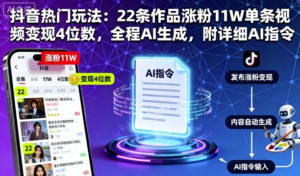 抖音热门玩法：22条作品涨粉11W单条视频变现4位数，全程AI生成，附详细AI指令-韬哥副业项目资源网