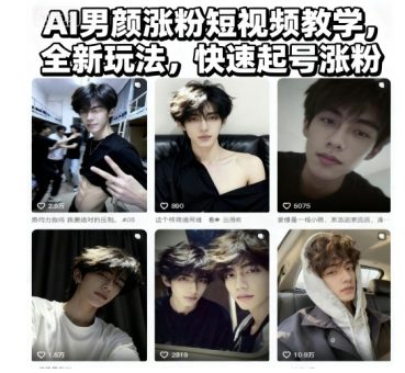 AI男颜涨粉短视频教学，全新玩法，快速起号涨粉-韬哥副业项目资源网