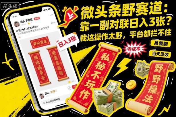 微头条野赛道，靠一副对联日入3张？我这操作太野，平台都拦不住！-韬哥副业项目资源网