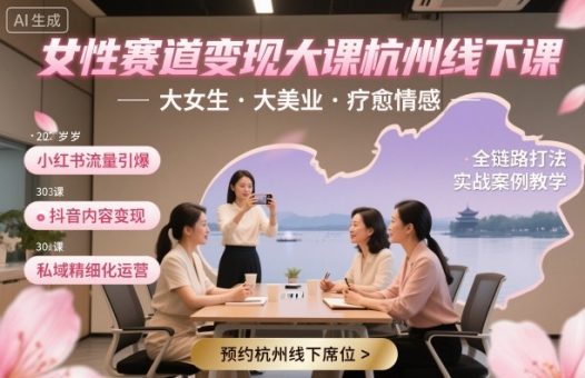 女性赛道变现大课杭州线下，大女生，大美业，疗愈情感，一套小红书、抖音、私域全链路打法-韬哥副业项目资源网