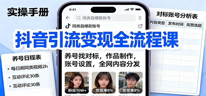 抖音引流变现全流程课：养号找对标，作品制作，账号设置，全网内容分发-韬哥副业项目资源网