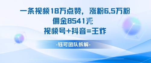 一条视频18W点赞，涨粉6.5W粉佣金8541米，视频号+抖音=王炸-韬哥副业项目资源网