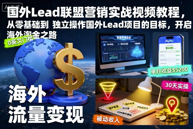 国外Lead联盟营销实战视频教程，从零基础到独立操作国外Lead项目的目标，开启海外淘金之路-韬哥副业项目资源网