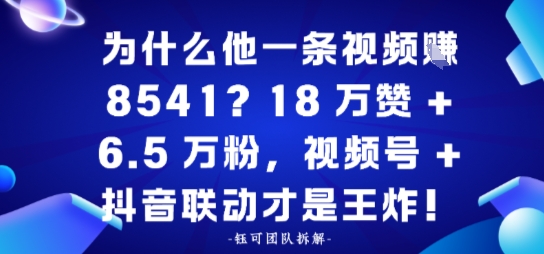 为什么他一条视频賺8541？18万赞+6.5 W粉，视频号+抖音联动才是王炸！-韬哥副业项目资源网