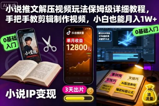 小说推文解压视频玩法保姆级详细教程,手把手教剪辑制作视频,小白也能月入1W+-韬哥副业项目资源网