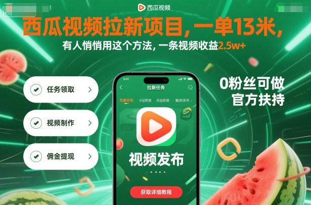 西瓜视频拉新项目，一单13米，有人悄悄用这个方法，一条视频收益2.5w+（附详细教程）-韬哥副业项目资源网