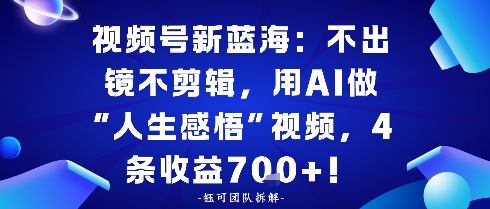 视频号新蓝海：不出镜不剪辑，用AI做“人生感悟”视频，4条收益7张-韬哥副业项目资源网